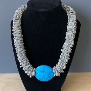 Sea Lily silver spring silk infused piano wire rings necklace w/ turquoise disc
